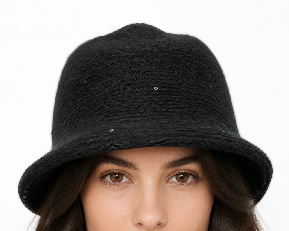Twiggy London Classic Traditional Black Fuzzy Knit Sequin Bucket Hat One Size